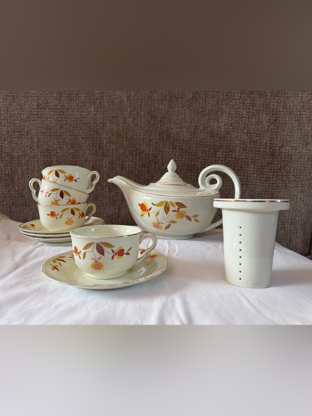 Vintage Floral Tea Set Teapot & Cups - Cream with Orange, Pink & Gold Accents